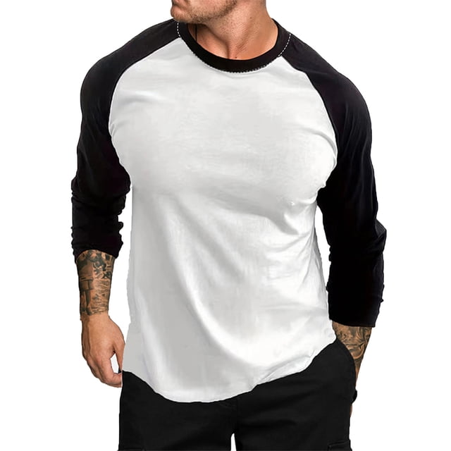 vdgthytj T-Shirts pour Hommes Tendance à Blocs de Couleur Col Rond Manches Longues Chandail T-Shirts Vintage Slim Basiques Raglan Tops
