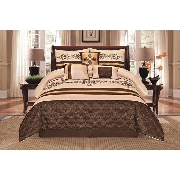 WPM WORLD PRODUCTS MART Ensemble de Literie Complet 7 Pcs Beige Brun Or Ensemble de Couette de Luxe Broderie Bed-in-a-Bag Literie - Yasmen Très Grand