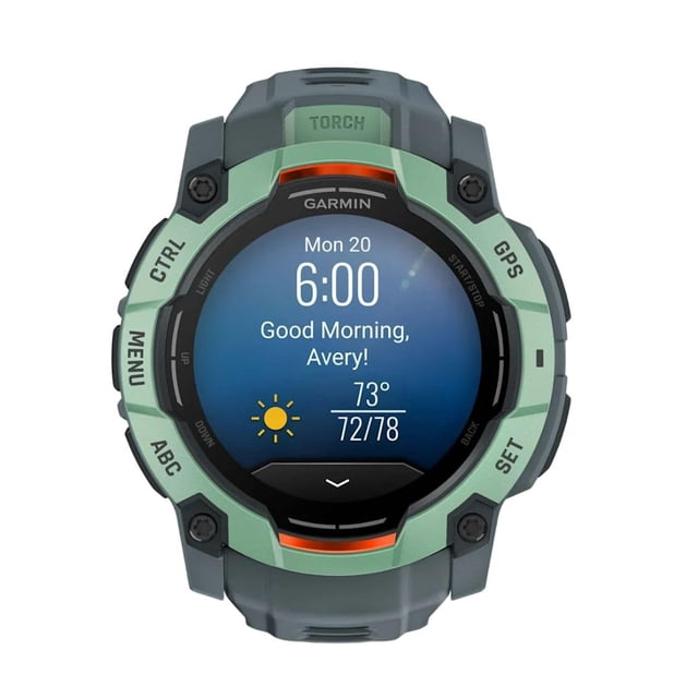 Garmin Instinct® 3 Tactical Edition, 45mm rugged outdoor GPS smartwatch with solar-charged display, shown in a front-facing view. Features include a bolted fiber-reinforced polymer case, metal-reinforced bezel, and scratch-resistant lens. The smartwatch displays time, weather, and health metrics on its 1.1” screen. Designed for durability with MIL-STD-810 thermal and shock resistance, 10 ATM water rating, and tactical features like waypoint projection, stealth mode, and compatibility with night vision goggles. Ideal for outdoor adventures and tactical missions.