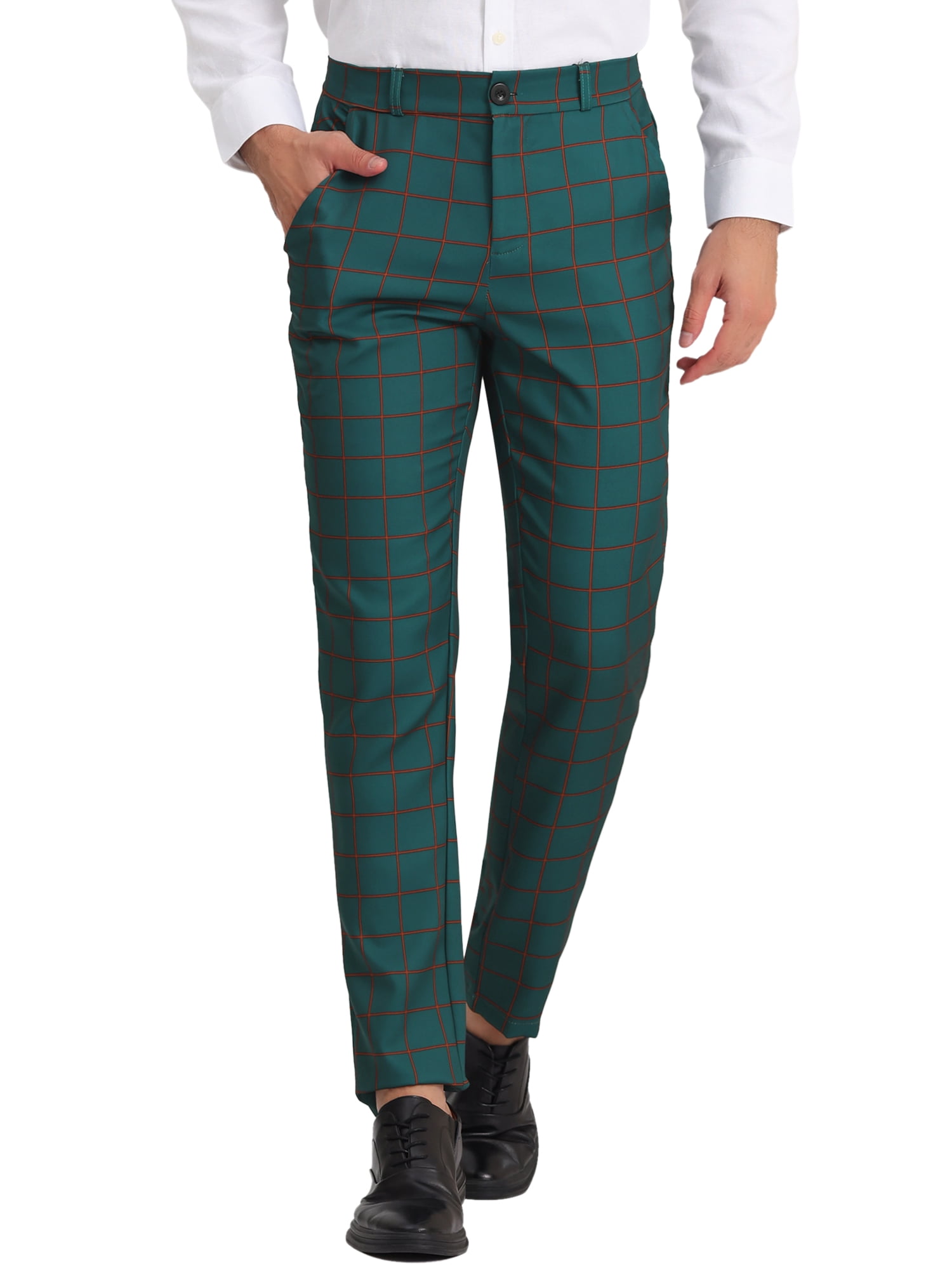 INSPIRE CHIC Men's Dress Plaid Printed Business Checked Pants 30 Dark Green