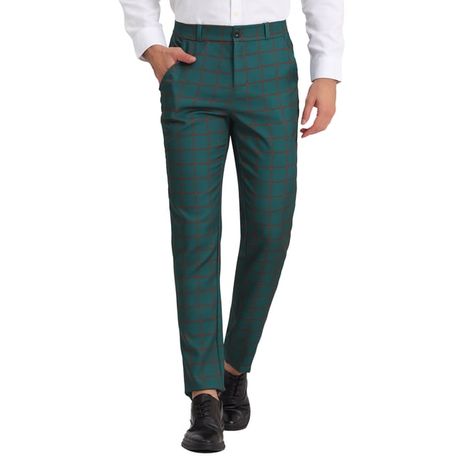 INSPIRE CHIC Men's Dress Plaid Printed Business Checked Pants 36 Dark Green