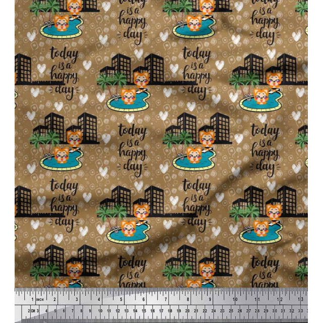 Soimoi Silk Fabric Swimming Pool,Cartoon & Buildings Architectural Printed Craft Fabric by the Yard 42 Inch Wide