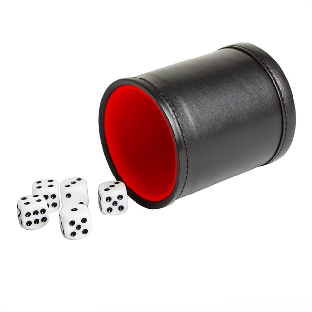 Hathaway Modifier Dice Cup with 5 Dice featuring a black synthetic leather cup with red felt lining tipped on its side next to five washable 16 mm white dice with black pips, ideal for classic dice games and quieter gameplay.