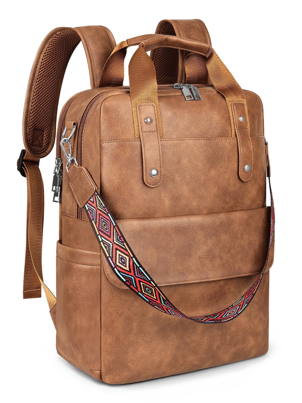 SYTRAH Leather Laptop Backpack 15.6 Inch Womens Laptop Bag, 3 IN 1 Computer Bag Handbag with Colorful Shoulder Bag Strap for Work Travel College Moch