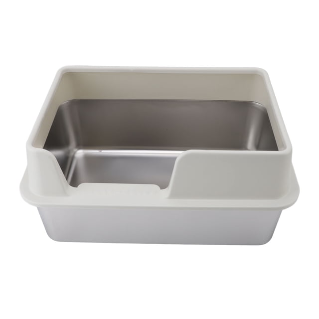 Cat Litter Box with High Enclosed Side made of stainless steel, featuring a durable and easy-to-clean design. The box measures approximately 50 x 35 x 25 cm (19.7 x 13.8 x 9.8 inches) and includes a high side entry to prevent litter kick and urine splatter. The package includes two assembly pieces and a litter scoop. Suitable for multiple cats and designed for convenience and hygiene.