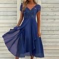 thumbnail image 4 of EGNMCR Robes de Soirée pour Femmes, Robes Formelles pour Femmes, Robes de Cocktail pour Femmes Femmes Unies à Manches Courtes Col en V Dentelle Mousseline Maille Taille Robes de Fête Jupe en Mousseline pour Femmes, 4 of 7