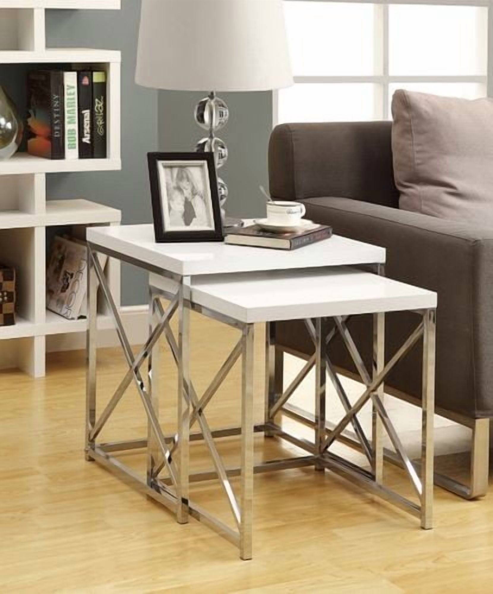 Monarch Specialties Nesting Table, Set Of 2, Side, End, Metal, Accent, Living Room, Bedroom, Metal, Laminate, Glossy White, Chrome, Contemporary, Modern