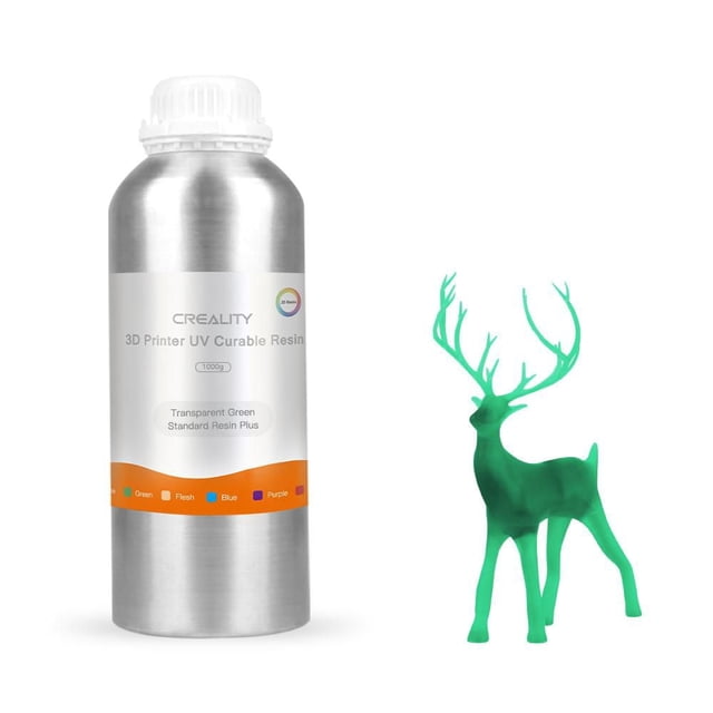 Creality LCD Standard Imprimante 3D en Résine Transparente Verte dans une Bouteille Argentée de 1 kg avec Étiquette Blanche et orange, Montrée à Côté d'Une figurine de Cerf Imprimée 3D Vert Translucide Illustrant les Détails Fins et la Robustesse pour Imprimantes 3D LCD Durcissables UV 405nm.