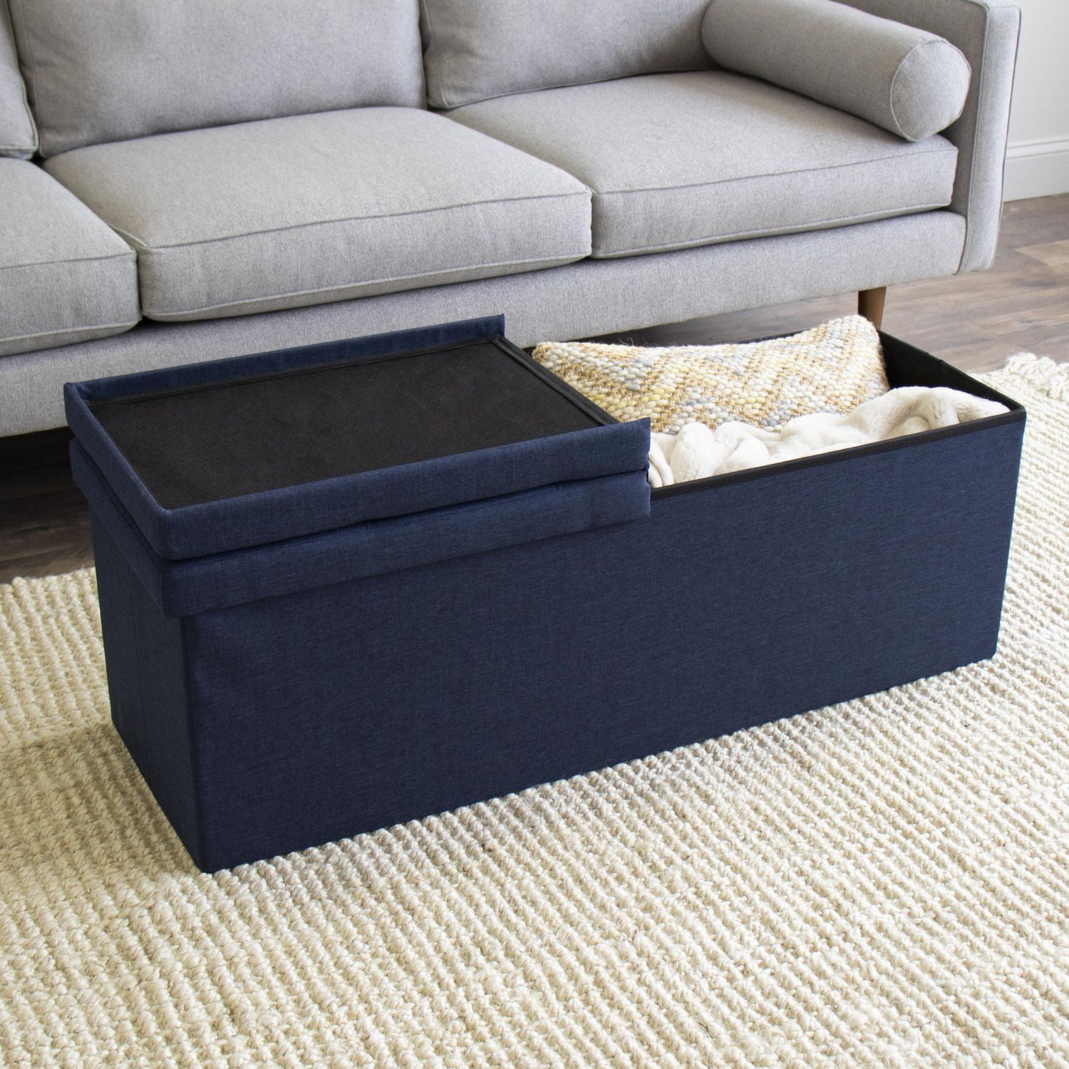 Banc de rangement pliant à couvercle rabattable capitonné Harper, 43 po, bleu