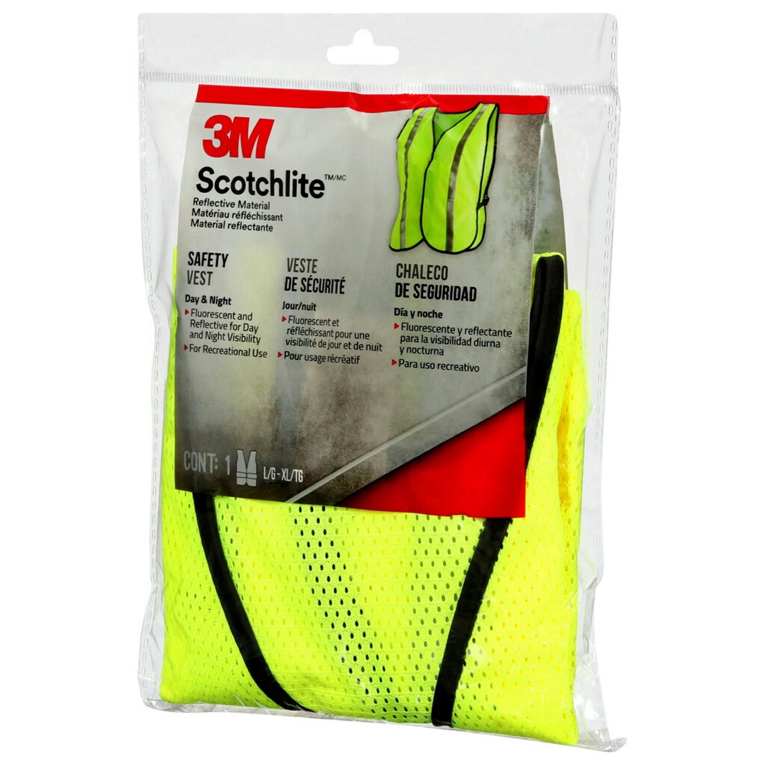 3M™ Scotchlite™ Reflective Material Safety Vest 94601H1-DC-CA, Day & Night, Yellow, L/XL, 1/Pack