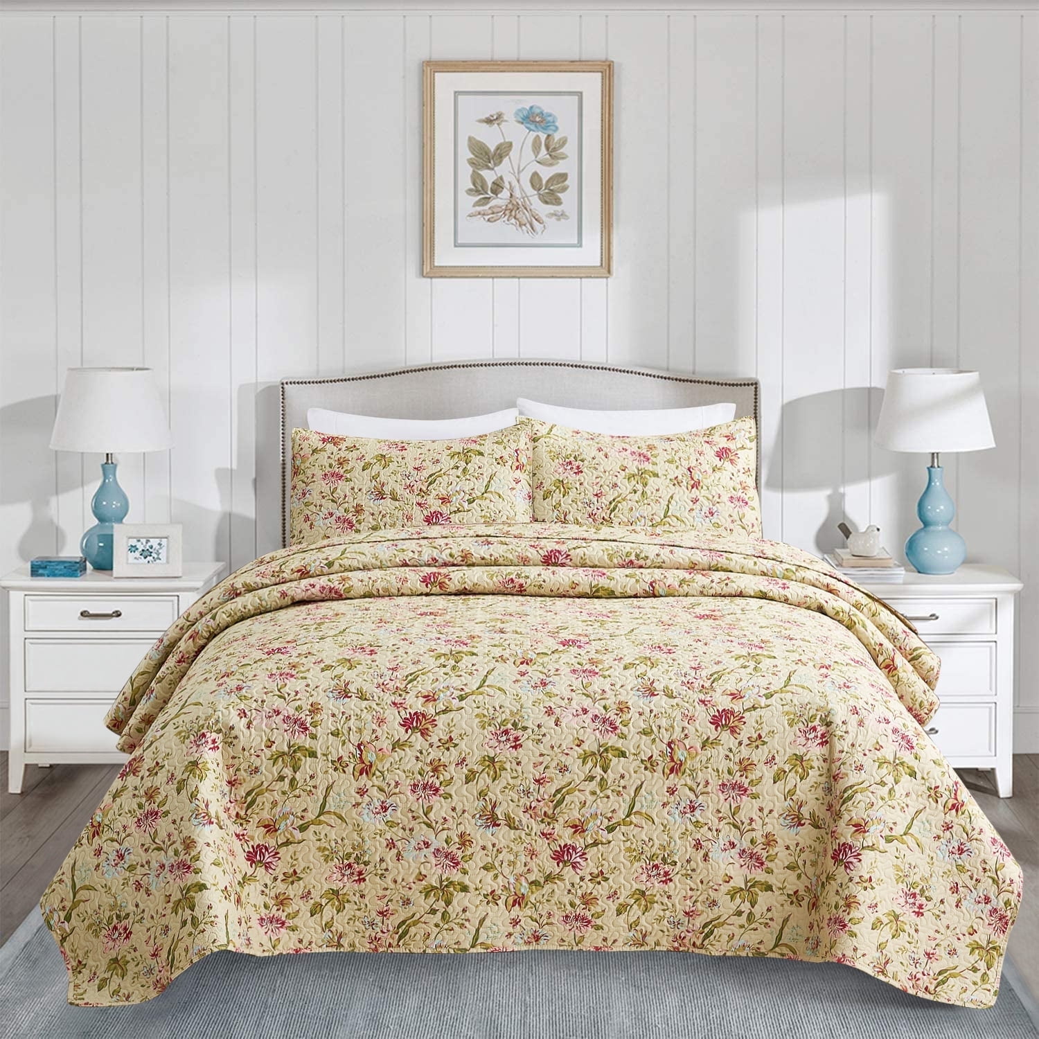 JML Ensemble de Courtepointe 3 Pcs, Couvre-Lit en Microfibre Douce, Très Grand Lit, Floral Beige