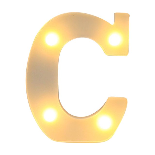 Light Up Letters LED Bar Lights & Signs Alphabet LED Letter Lights Up White Plastic Letters, featuring the letter 'C' illuminated with warm white LED bulbs. Made of ABS material, this letter light measures 16cm x 18cm x 4.5cm (6.3" x 7.1" x 1.8") and can be wall-mounted or used as a standing decoration. Ideal for indoor use, home decor, shop windows, parties, and holiday decorations. Powered by 2 AA batteries (not included).