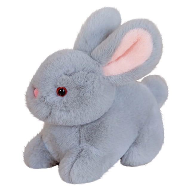 Q-630 Grey Plush Rabbits Toy, a soft stuffed bunny doll made of plush material, measuring 15 cm high. This grey plush toy features pink inner ears, red eyes, and a fluffy texture, ideal for kids' decor or as a gift.