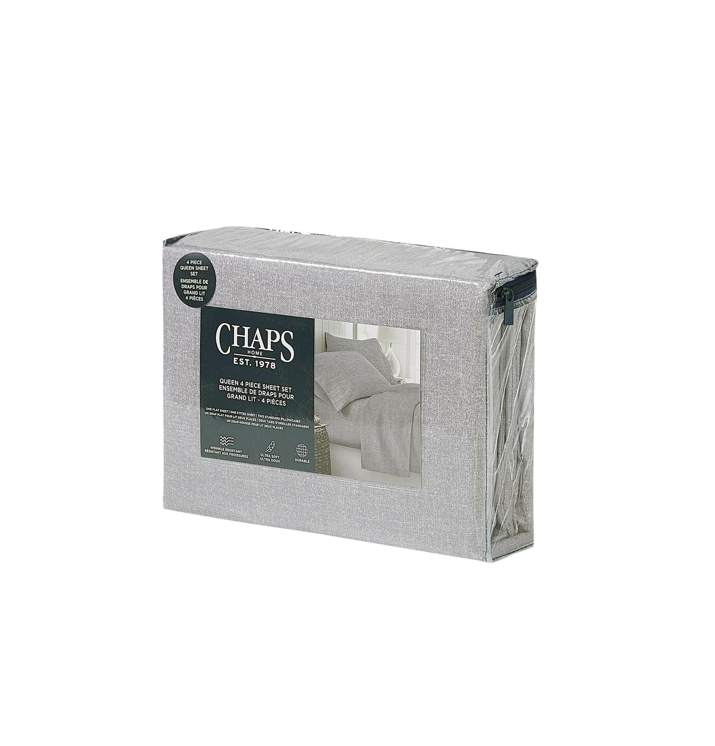 Ensemble de draps 4 pièces doux en microfibre solide Chaps, gris très grand lit