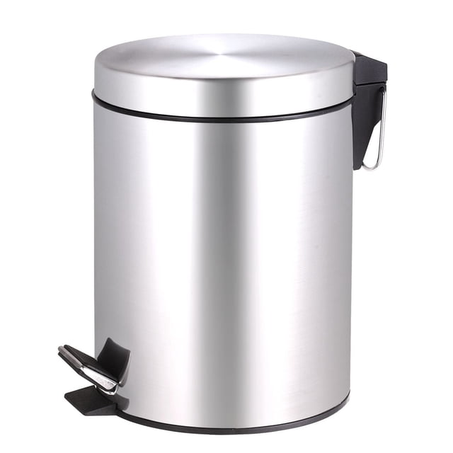 Mainstays 5 Litre Stainless Steel Step Bin with a cylindrical brushed stainless steel body featuring a fingerprint-resistant finish, black plastic pedal for hands-free opening, and a removable inner bin for easy trash and recycling disposal, sized 8 by 11 inches.