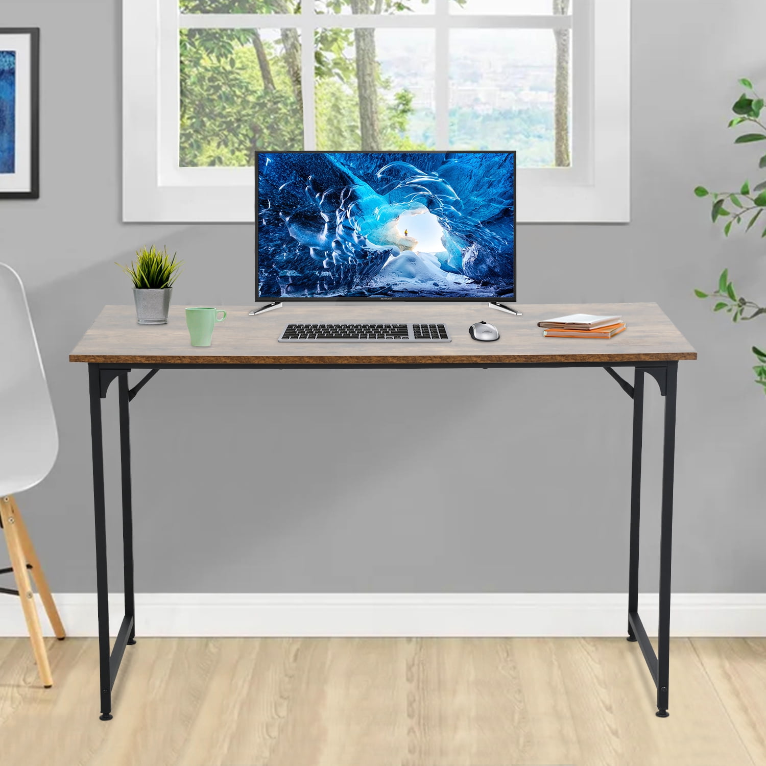 Computer Desk 48'' Simple Desk with Adjustable Feet, Large Office Desk with Metal Legs, Modern Steel Frame Wood Study Desk for Home Office, Vintage