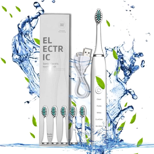 Electric Toothbrush with 6 Replacement Heads, 5 Cleaning Modes and Smart Timer, IPX7 Waterproof, USB Rechargeable, for Comprehensive Oral Care