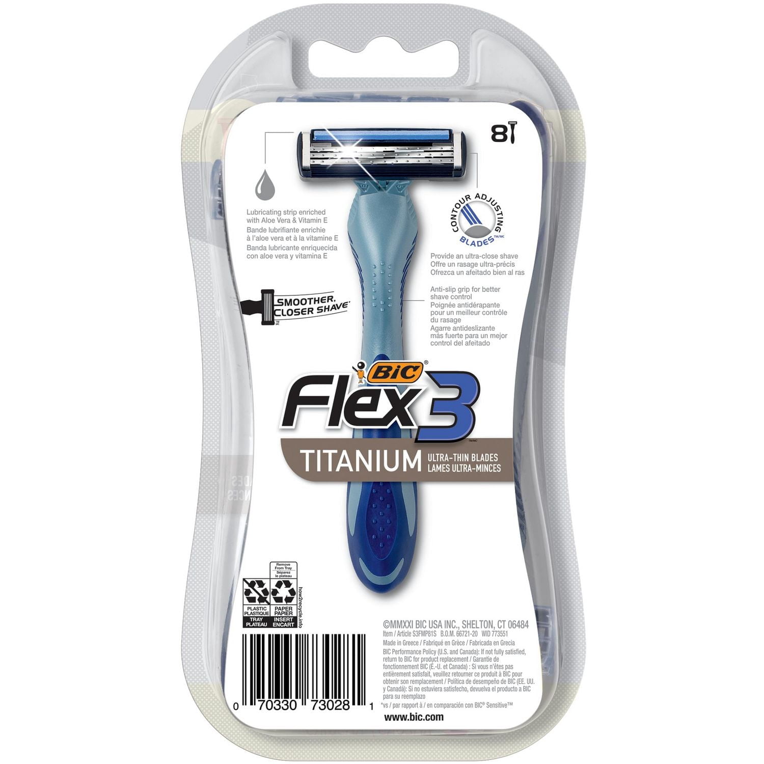 Rasoirs jetables pour hommes BIC Flex 3 Titanium, des rasoirs parfaits pour un rasage lisse et confortable, rasoirs 3 lames, paquet de 8.