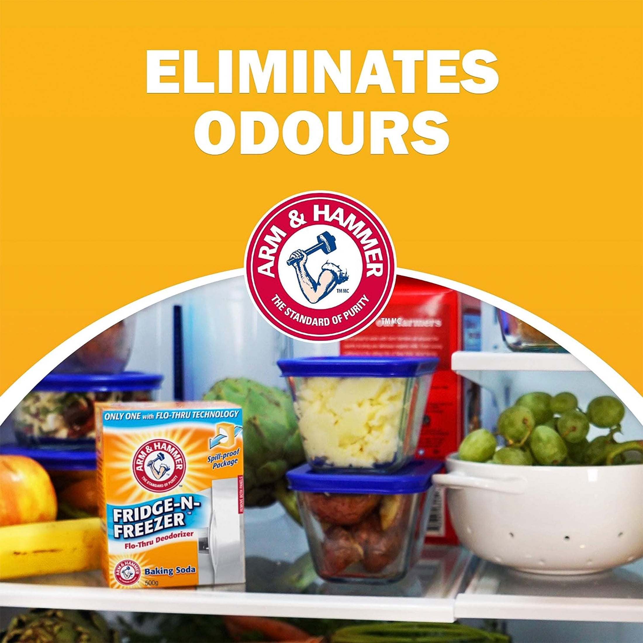 Désodorisant au bicarbonate de soude Arm & Hammer pour réfrigérateur et congélateur, 500g, Système de ventilation Flo-Thru, élimine les odeurs pour réfrigérateur et congélateur