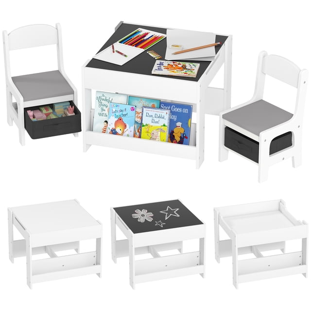 Qaba Ensemble de Table et Chaises pour Enfants 3 Pcs avec Plateau Réversible Gris, Doté d'Un design 3-en-1 avec Plateau Rabattable pour Lire Ou Dessiner sur un Côté de Tableau Noir. Comprend Deux Chaises avec Coussins d'Assise Gris et Tiroirs de Rangement, une Table avec Compartiment Caché et une Bibliothèque Intégrée au Pied de Table. Fabriqué en MDF et Tissu Non Tissé, Convient aux Enfants de 3 à 8 Ans. Dimensions : Table 24,2 Pouces Carrés et 18,9 Pouces de Hauteur, Chaises 11,2 Pouces de Largeur et 20,9 Pouces de Hauteur. Idéal