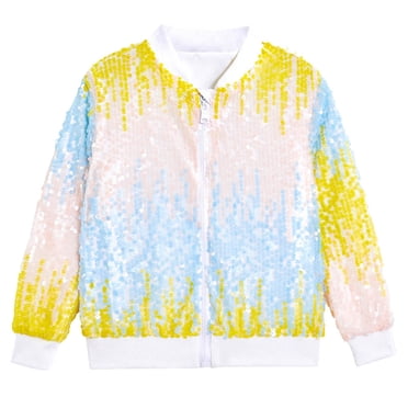 TIEVOSA Sequin Jackets Girls Solid Color Long Sleeve Zip up Jacket for Christmas Shiny Fashion Clothes 10-12 Years(Light Yellow)