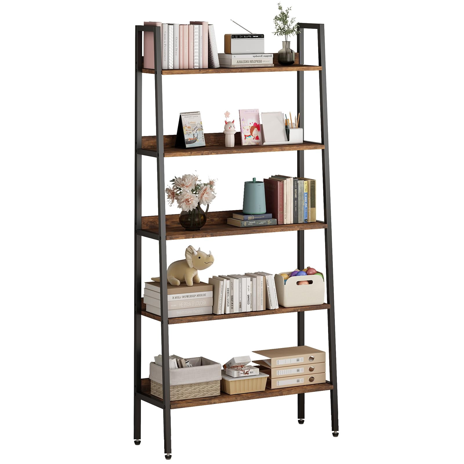 QinaQin 5-Tier Narrow Home Office Book Shelf Rustic Brown Open Shelves Storage Organizer 67 in Tall Wood Bookcase with Metal Frame for Bedroom Kitchen Living Room