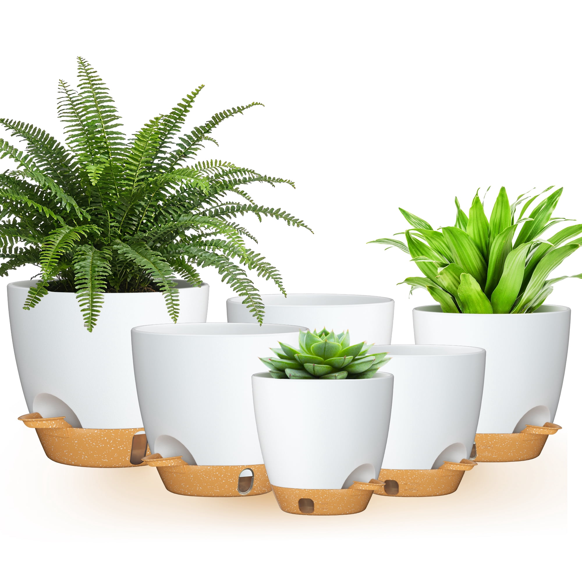 FIASON 6 Pack White & Brown Self-Watering Plant Pots, 5/5.5/6/6.5/7/8 Inch Mixed Size Plastic Planters with Watering Lip, Drainage Holes and Saucer, Indoor Outdoor Flower Pots for Home and Garden