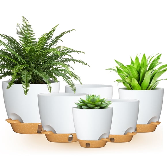 FIASON Lot de 6 Pots de Plantes Auto-Arrosants Blancs et Bruns, Jardinières en Plastique de Tailles Mixtes 5/5.5/6/6.5/7/8 Pouces avec Languette d'Arrosage, Trous de Drainage et Soucoupe, Pots de Fleurs Intérieur Extérieur pour la Maison et le Jardin