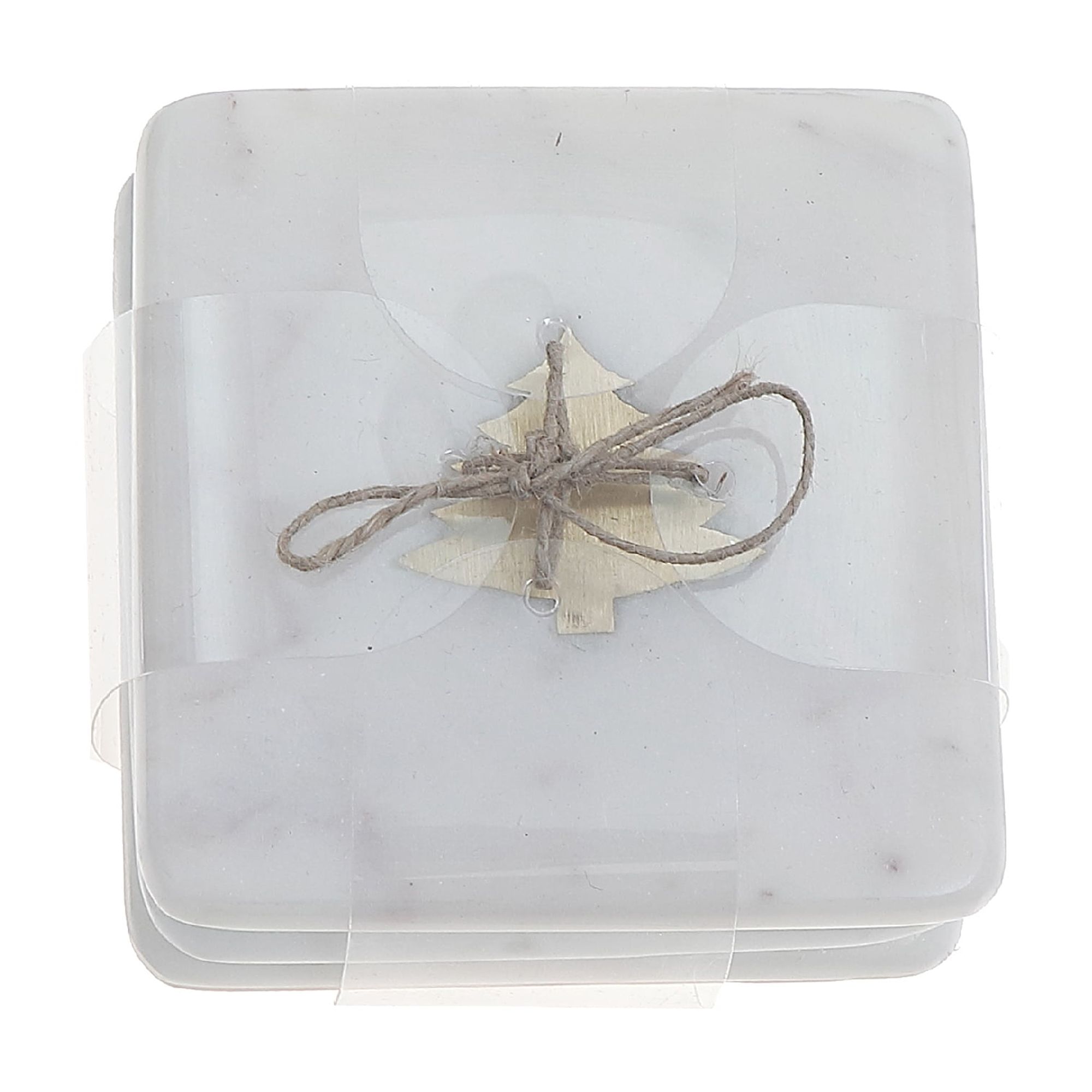 Lot De 4 Sous-Verres Carrés En Marbre Blanc Avec Incrustations En Laiton Représentant Un Arbre (10 X 10 Cm)