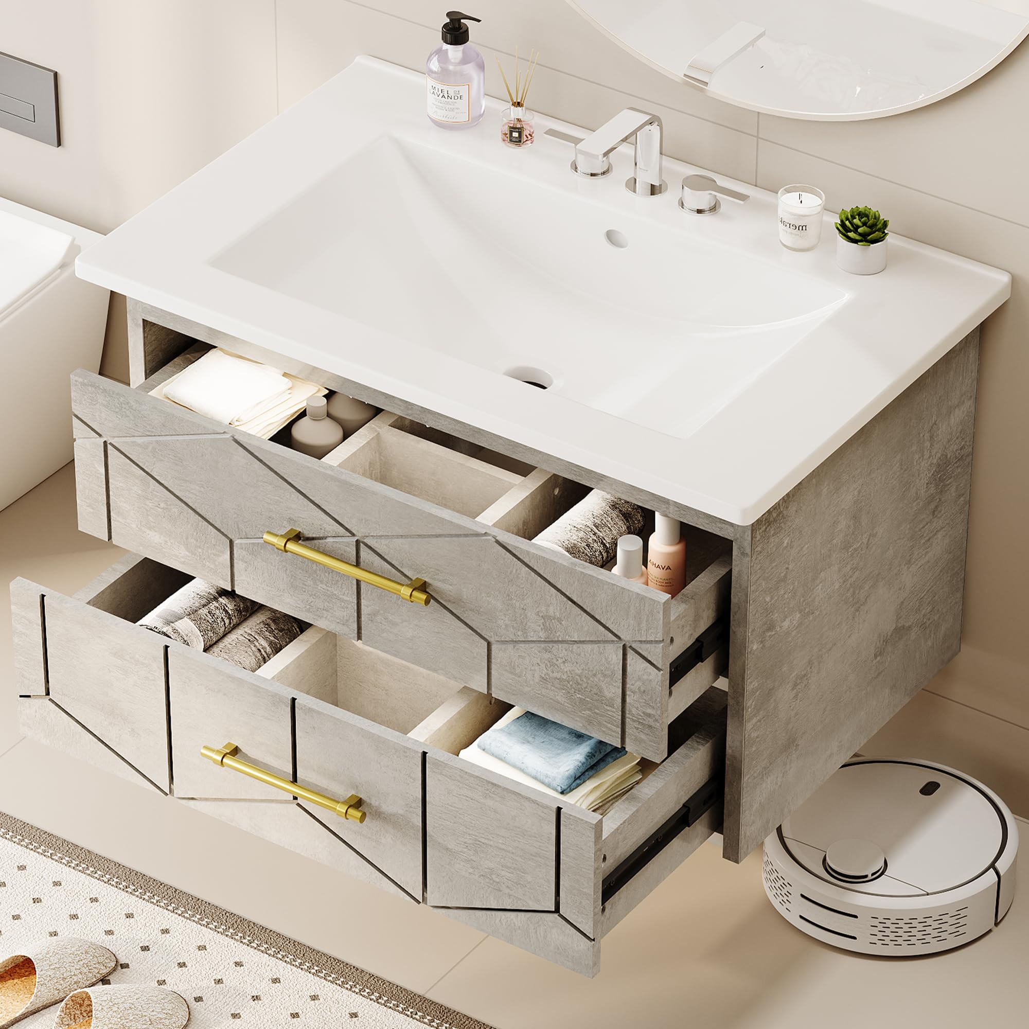 30 inch Bathroom Vanity with Sink Combo, Floating Bathroom Vanity with Ceramic Basin, 2 Large Drawers with Gold Handle, Soft-Close Design, Easy Assembly, Grey