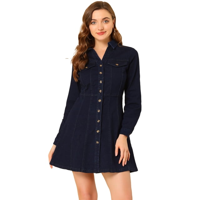 INSPIRE CHIC Robe-Chemise en Denim pour Femmes à Col en V avec Col Rabattu et Manches Roulées