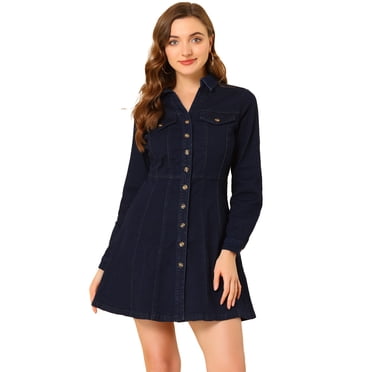 INSPIRE CHIC Robe-Chemise en Denim pour Femmes à Col en V avec Col Rabattu et Manches Roulées