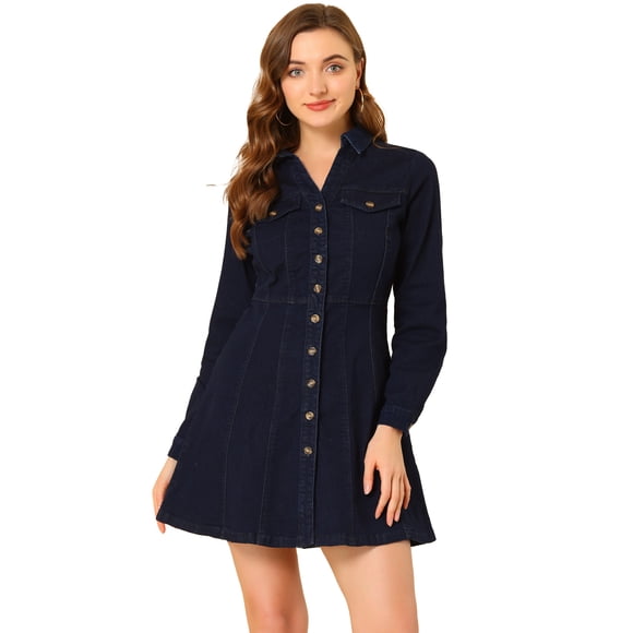 INSPIRE CHIC Women's Denim Collared V-Neck Roll Up Sleeve Shirt Dress