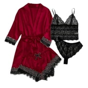 GDREDA Plus Size Pajama Set Women Silk Pajamas For Women Set 4 Piece Satin Sleepwear Classic Button Down Short Sleeve Pj Set Cute Loungewear Women Pajama Sets pyjamas Brick Red,L