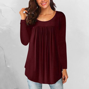 Mikilon Women Casual Solid Color Long Sleeve Crewneck Basic Comfy Tunic Blouse Tees