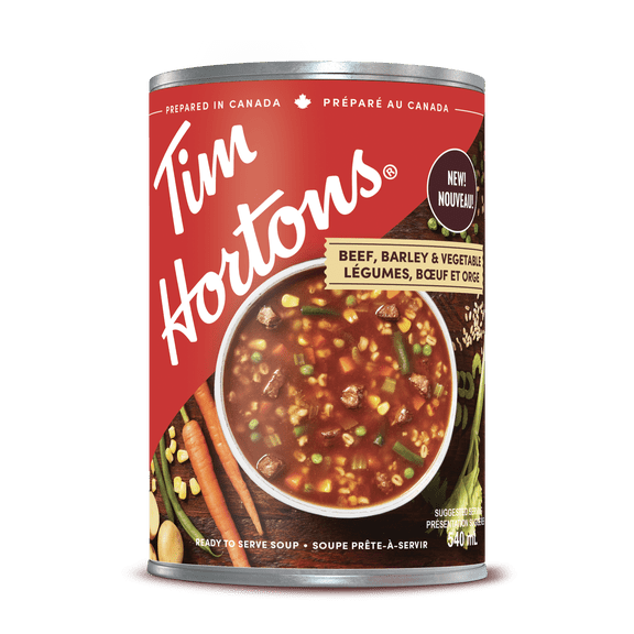 Tim Hortons Beef, Barley & Vegetable Soup, 540 ml Can, Hearty Beef, Barley & Mixed Veggies, Prepared in Canada