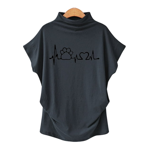 Femme Col Roulé Manches Courtes Coton Imprimé Blouse Décontractée Haut T-Shirt Grande Taille