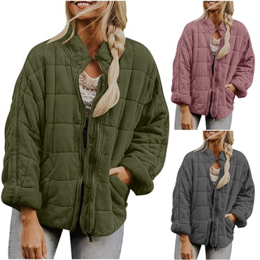 Meichang Womens Oversized Quilted Jacket Lightweight Long Sleeve Stand Collar Zip Up Jackets Warm Winter Coat Casual Padded Coats with Pockets