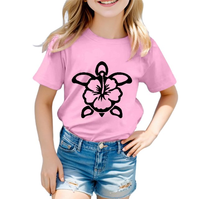 T-shirts Filles Mode Imprimé Tortue Col Rond Manches Courtes Décontractées Hauts Filles Rose 4-5 Ans