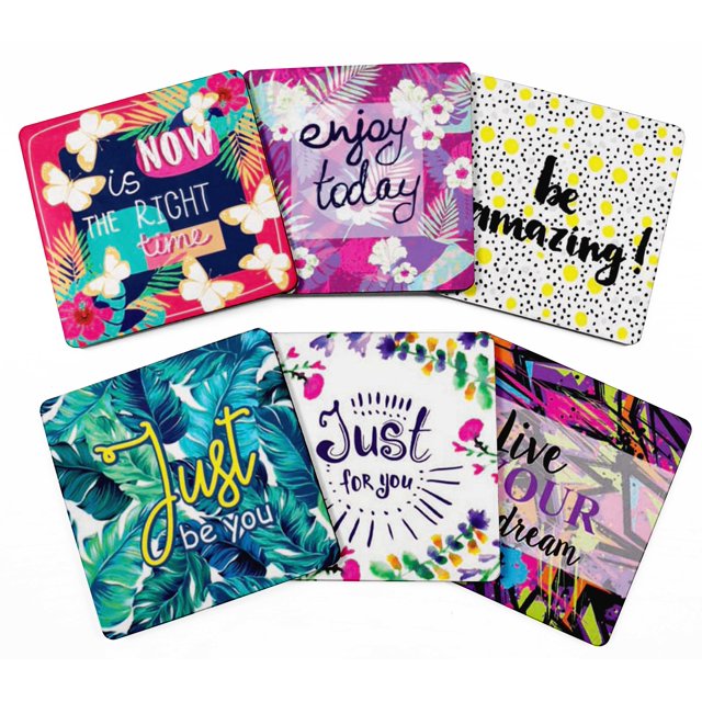 Inkdotpot Set of 6 Drink Coasters Easy Clean 4-inch SquareCoastersCork Base-Reusable- Quotes