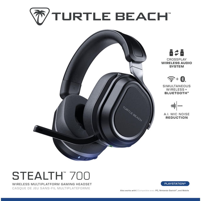 Turtle Beach Stealth 700 wireless multiplatform gaming headset in black with 60mm Eclipse dual drivers, flip-to-mute mic featuring A.I. noise reduction, simultaneous 2.4GHz wireless and Bluetooth 5.2 connectivity, memory foam ear cushions, and adjustable steel-reinforced headband for PS5, PS4, PC, and mobile devices.
