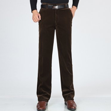 AherBiu Mens Corduroy Pants Straight Leg High Waisted Regular Fitted Stretch Pants with Pockets Casual Solid Color Trousers