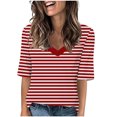 thumbnail image 1 of Penkiiy T-Shirts à Col en V à Blocs de Couleur Rayés pour Femmes, Manches Mi-Longues, Hauts Décontractés Unis d'Été, T-Shirts Y2K, 13 Ans, Rouge, 1 of 5