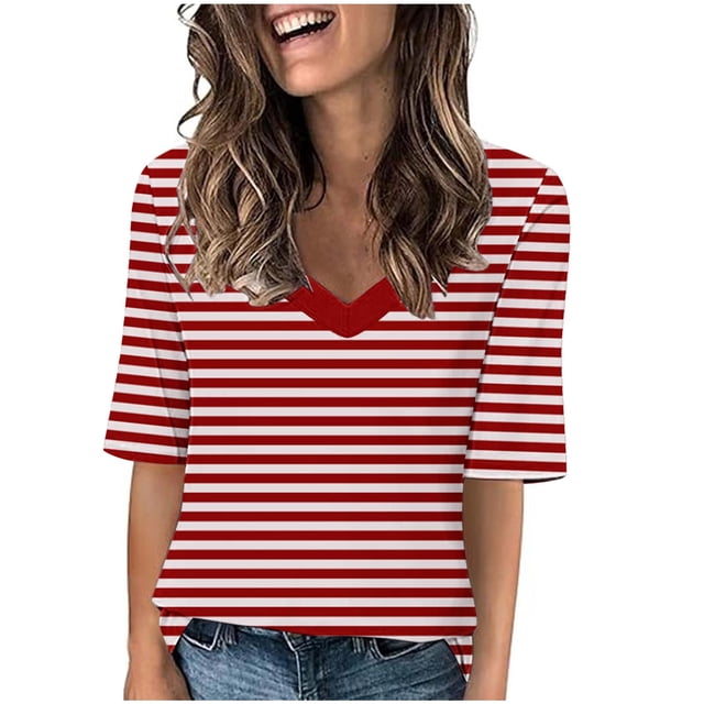 Penkiiy T-Shirts à Col en V à Blocs de Couleur Rayés pour Femmes, Manches Mi-Longues, Hauts Décontractés Unis d'Été, T-Shirts Y2K, 13 Ans, Rouge