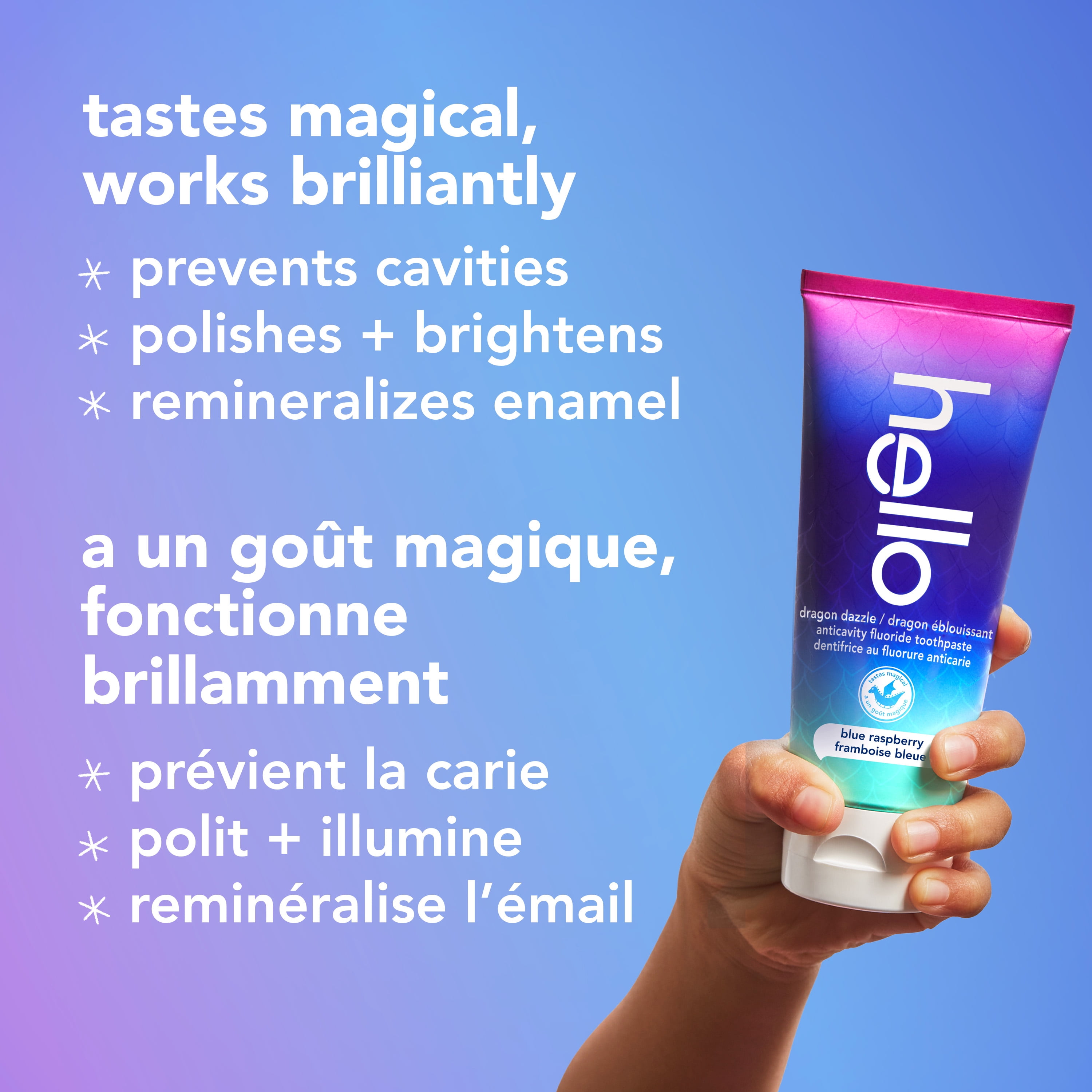 Dentifrice pour enfants Hello Dragon Dazzle au fluorure, dentifrice à la framboise bleue, tube de 199 g