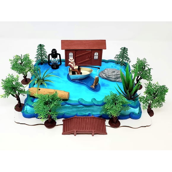 Gone Fishing Fisherman Themed Birthday Cake Topper Set Featuring Camping Angler in Boat with Decorative Themed Accessories