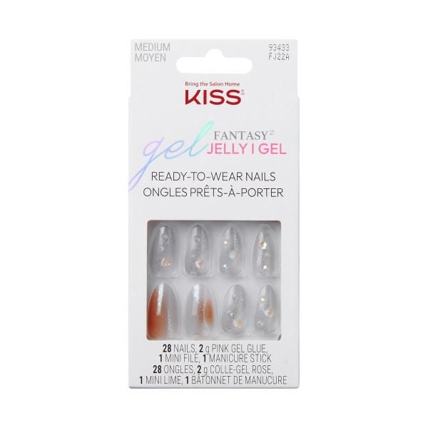 KISS Gel Fantasy Jelly I Gel ready-to-wear medium grey translucent almond-shaped false nails with rhinestone accents, including 28 nails, 2g pink gel glue, mini file, and manicure stick in bilingual English-French packaging, suitable for quick salon-style nail application.