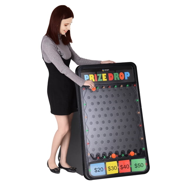WinSpin 41x25-inch Prize Drop Board Game featuring a large black game board with multi-colored twinkling LED lights, customizable logo area, and four prize slots with writable cards. Includes 12 playing pucks and triangle side panels for stability. Designed for trade shows, carnivals, and events, with foldable design for portability and dual power options using 2 AA batteries or a wall adapter.
