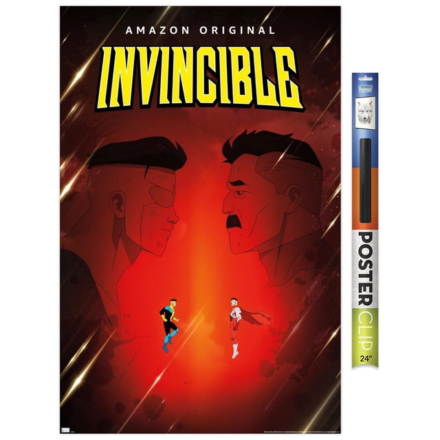 Invincible - Affiche Murale Père et Fils en une Feuille, 22,375 Po x 34 Po Représentant Deux Superhéros Masculins Animés Se Affrontant en l'Air sur un Fond Rouge Lumineux, avec de Grands Profils Ombrés des Mêmes Personnages des Deux Côtés et le Titre Jaune Audacieux « Invincible » en Haut, Convient à la Déco Murale de la Maison.