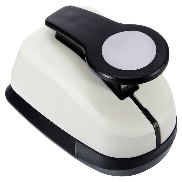 Unique Bargains 1 Inch Circle Punch, a single-hole puncher with a white and black plastic body and durable metal parts. This crafting tool punches 1-inch circular shapes in paper, foil, and similar materials. Compact and easy to use, it measures 3.15 x 2 x 2.24 inches, ideal for creating designs on greeting cards, scrapbooks, and gift wraps. Features a clear pattern button for precise punching.